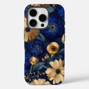 Coques iPhone 16 Pro Opulence florale dorée et bleue
