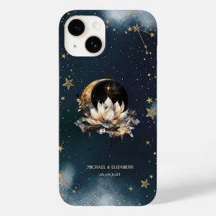 Coque Pour iPhone 14 Or Céleste Soleil, Lune, Étoiles Lotus Ciel Noctur