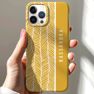Coque Pour iPhone 15 Or et Blanc à Motif Chevrons Nom Personnalisé