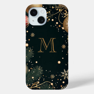 Coque Pour iPhone 15 Or festif Monogramme élégant de Noël Sombre