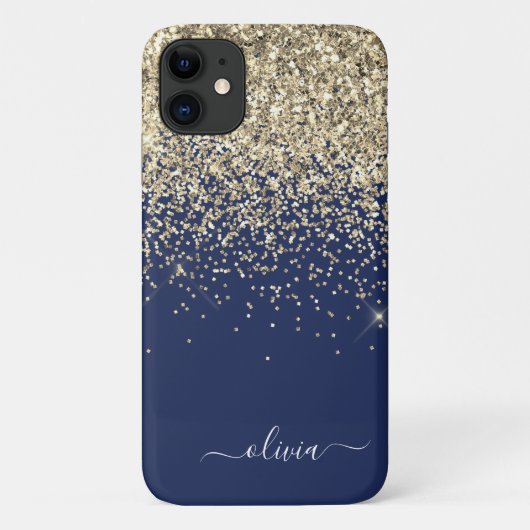 Coques Case-Mate iPhone Or Monogramme Pailleté Paillettes Fille Navy Bleu (Dos)