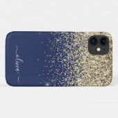 Coques Case-Mate iPhone Or Monogramme Pailleté Paillettes Fille Navy Bleu (Dos (Horizontal))