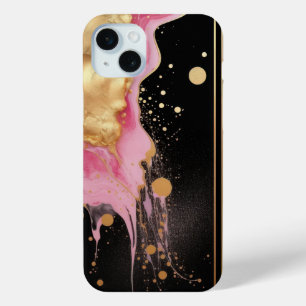 Coque iPhone 15 Mini Or rose abstrait moderne et marbre noir