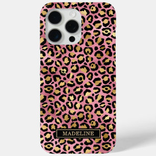 Coque iPhone 15 Pro Max Or rose feuille de leopard impression monogrammé