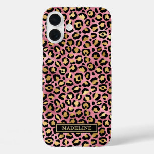 Coques iPhone 16 Plus Or rose feuille de leopard imprimé monogrammé