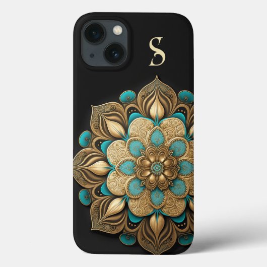 Coques Case-Mate iPhone Or Turquoise Lotus Flower Black Monogramme (Verso)