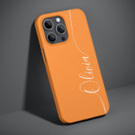 Coque Pour iPhone 14 Orange Blanc Élégant Calligraphie Nom du script<br><div class="desc">Orange White Elegant Calligraphy Script Personnalisé Nom iPhone 14 Smart Phone Boîtes dispose d'un design moderne et tendance simple et élégant avec votre nom personnalisé dans élégante calligraphie manuscrite typographie de script sur un arrière - plan orange. Conçu par ©Evco Studio www.zazzle.com/store/evcostudio</div>