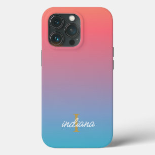 Case-Mate iPhone Case Orange Blue Ombre Modern Script Nom du monogramme