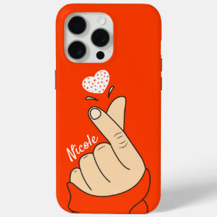 Coque iPhone 15 Pro Max Orange Coréen Doigt d'Amour Coeur Signer Peau clai