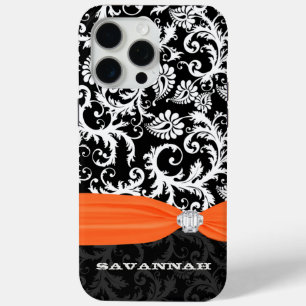 Coque iPhone 15 Pro Max Orange et blanc Damas imprimés Faux Rhinestone