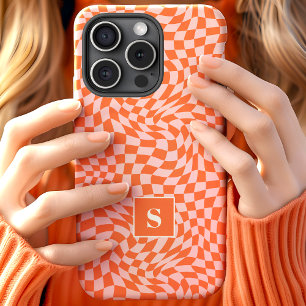 Coque Pour iPhone 15 Orange Et Rose Vichy Ondulé Monogrammé