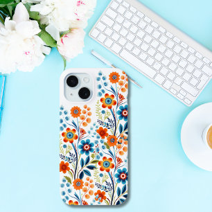 Coque Pour iPhone 15 Orange Jaune Bleu Vert Rétro Vintage Floral