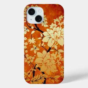 Coque Pour iPhone 15 Orange, or et noir Floral Oriental Design