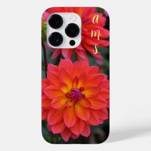 Coque Pour iPhone 14 Pro Orange, Rouge, Fleur Dahlia Jaune