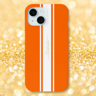 Coque Pour iPhone 15 Orange White Racing Stripes Gold Monogrammed Cool