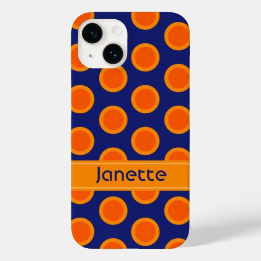 Coques Case-Mate iPhone Oranges à points Polka sur le nom bleu (Verso)