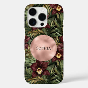 Coques iPhone 16 Pro Orchidée rouge Bourgogne Floral Rose Tropical Gold