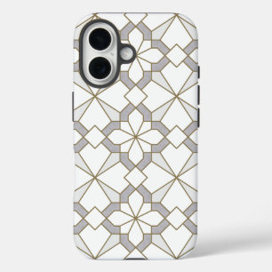 Coques iPhone 16 Ornement géométrique Motif traditionnel gris blanc