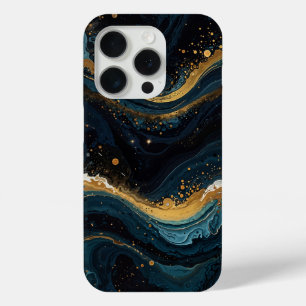 Coque iPhone 15 Pro Osmic Gold et Blue Fluid Art, Luxury Abstrait