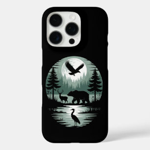 Coques iPhone 16 Pro Ours Cerf Aigle Lune Forêt Silhouette