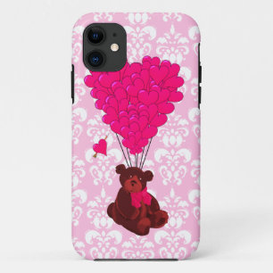 Etui iPhone Case-Mate Ours et ballons de coeur sur damas rose
