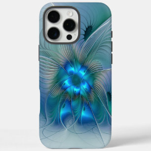 Coques iPhone 16 Pro Max Ovation debout, fractale bleue turquoise abstraite