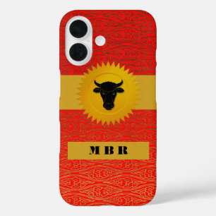 Coques iPhone 16 Ox Chinese Zodiac Animal avec Monogramme en rouge