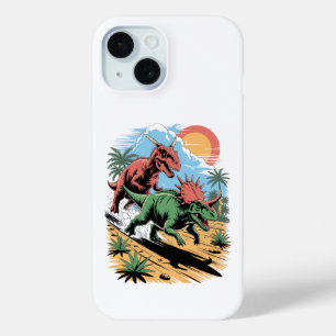Coque Pour iPhone 15 Pachyrhinosaurus courant devant un Carnotaurus