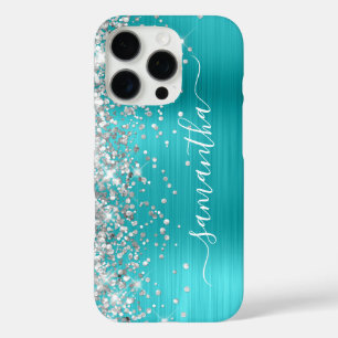 Coques iPhone 16 Pro Pailleté Argent Aqua Bleu Métallisé Signature Fémi