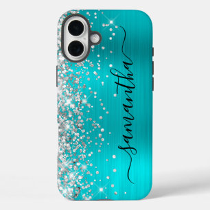 Coques iPhone 16 Plus Pailleté Argent Aqua Métallisé Signature Noir Fémi