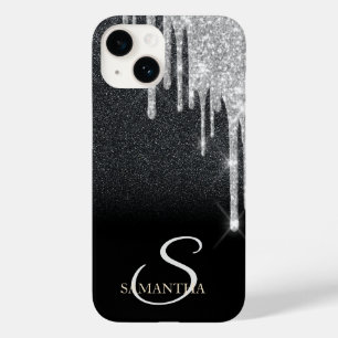 Coque Pour iPhone 14 Pailleté argent élégant gouttes sur pailleté noir