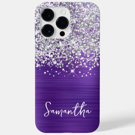 Coques Case-Mate iPhone Pailleté Argent Paillettes Améthyste Glamour Nom (Verso)