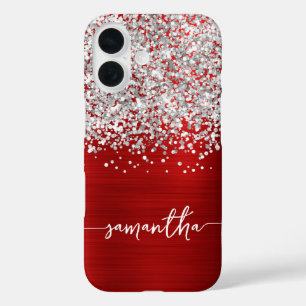 Coques iPhone 16 Pailleté Argent Paillettes Rouge Glam Nom