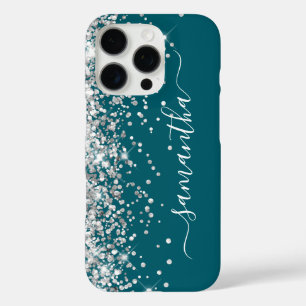 Coques iPhone 16 Pro Pailleté Argent Signature Filleul Sarcelle Foncé