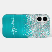 Coques Case-Mate iPhone Pailleté Argent Turquoise Bleu Glam Nom (Verso (horizontal))