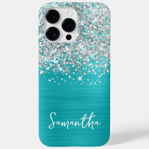 Coque Pour Pour iPhone 14 Pro Max Pailleté Argent Turquoise Bleu Glam Nom