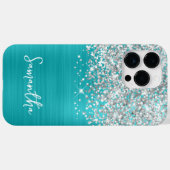 Coques Case-Mate iPhone Pailleté Argent Turquoise Bleu Glam Nom (Verso (horizontal))
