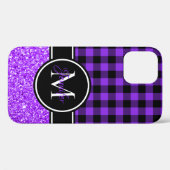 Coques Case-Mate iPhone Pailleté noir et violet Buffalo Plaid Monogramme (Verso (horizontal))