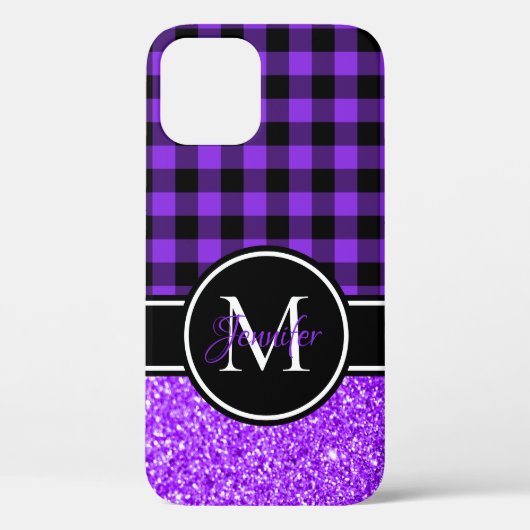 Coques Case-Mate iPhone Pailleté noir et violet Buffalo Plaid Monogramme (Verso)