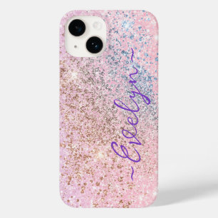 Coque Pour iPhone 14 Pailleté rose bleu pastel personnalisé