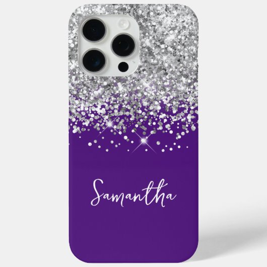 Coques Case-Mate iPhone Paillettes argentées et nom royal violet (Verso)