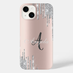 Coque Pour iPhone 14 Paillettes argentées modernes, Or rose, Monogramme
