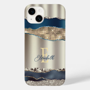 Coque Pour iPhone 14 Paillettes d'agate bleu indigo élégantes