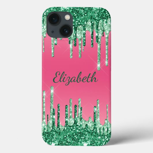 Coques Case-Mate iPhone Paillettes de monogramme qui dégoulinent Rose Vert (Verso)