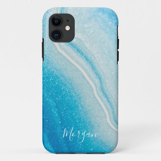 Coques Case-Mate iPhone Paillettes de style Agate Bleu & Blanc, Nom DIY (Dos)