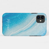 Coques Case-Mate iPhone Paillettes de style Agate Bleu & Blanc, Nom DIY (Dos (Horizontal))