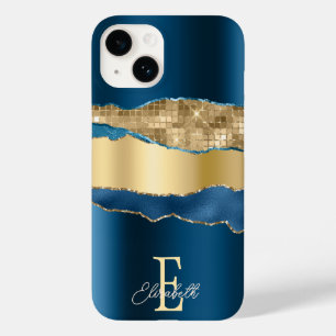 Coque Pour iPhone 14 Paillettes dorées d'agate bleu indigo élégant