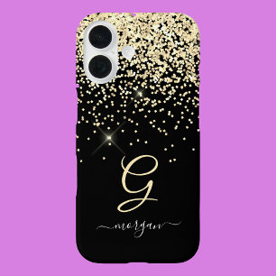 Coques iPhone 16 Paillettes dorées et monogramme Nom en écriture bl