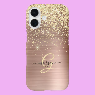 Coques iPhone 16 Paillettes dorées, monogramme doré, nom en script 