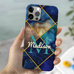 Coque Pour iPhone 15 Paillettes géométriques girly chic or bleu faux